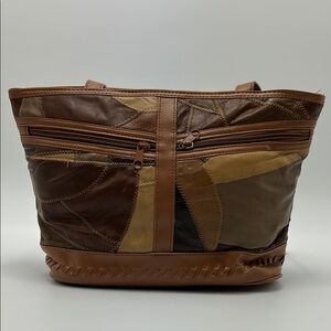 Women's Leather Patchwork Tote Brown Zigzag Stitch Shoulder Bag Vintage